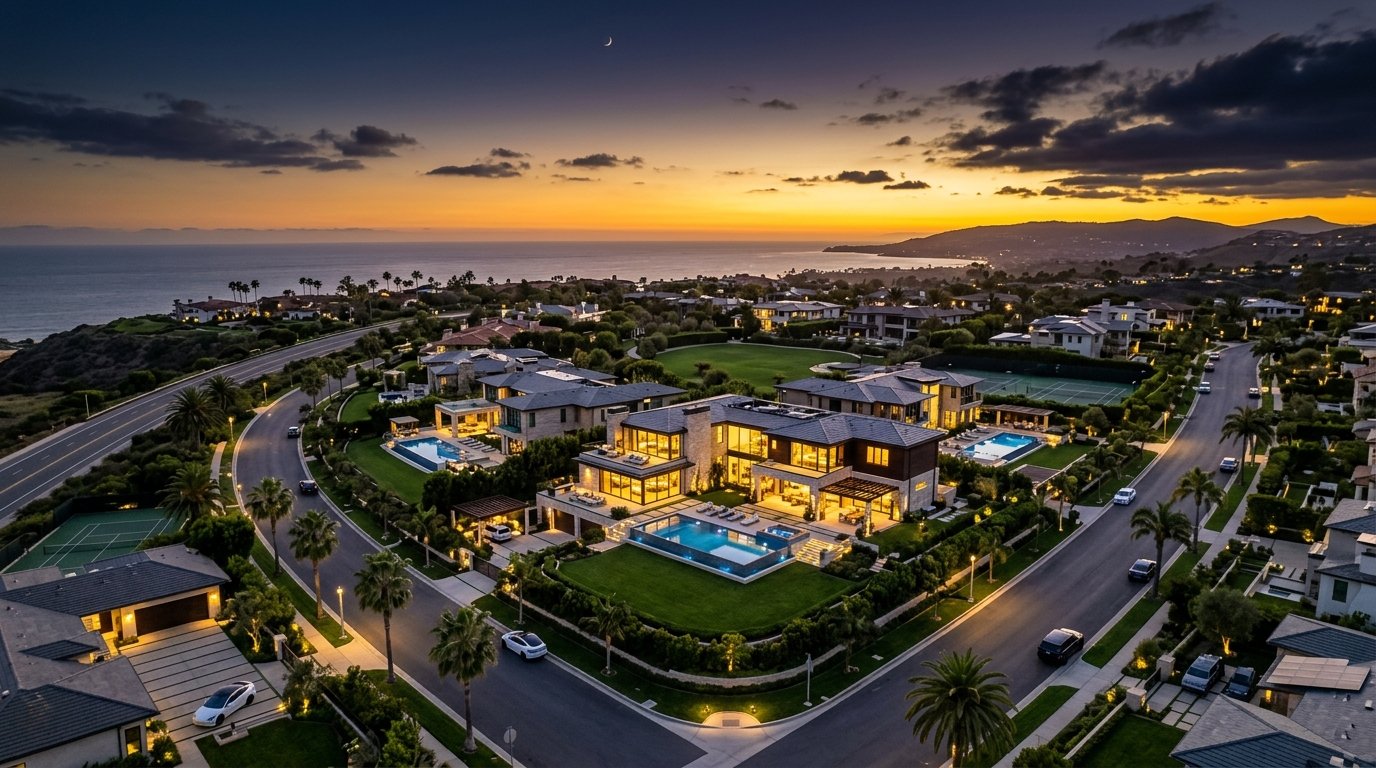 Luxury residential neighborhood at twilight